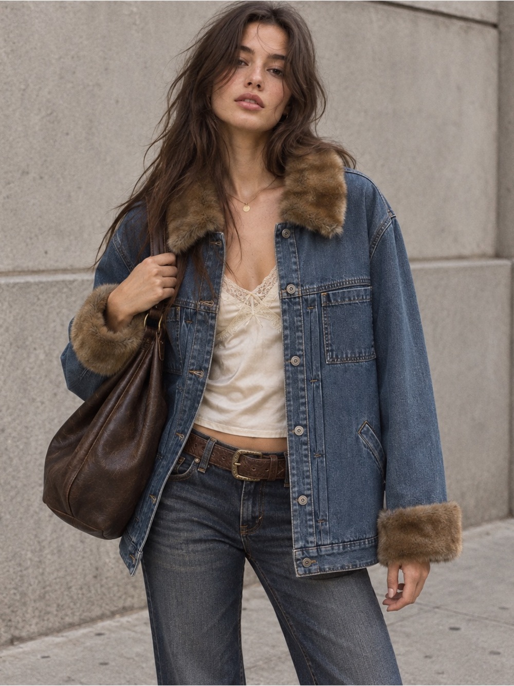 Vintage Liz Claiborne Faux Fur Trim Denim Jacket Oversized Y2K Boho